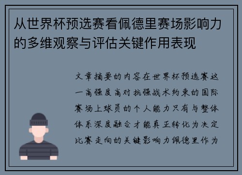 从世界杯预选赛看佩德里赛场影响力的多维观察与评估关键作用表现