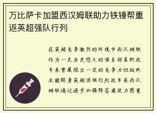 万比萨卡加盟西汉姆联助力铁锤帮重返英超强队行列
